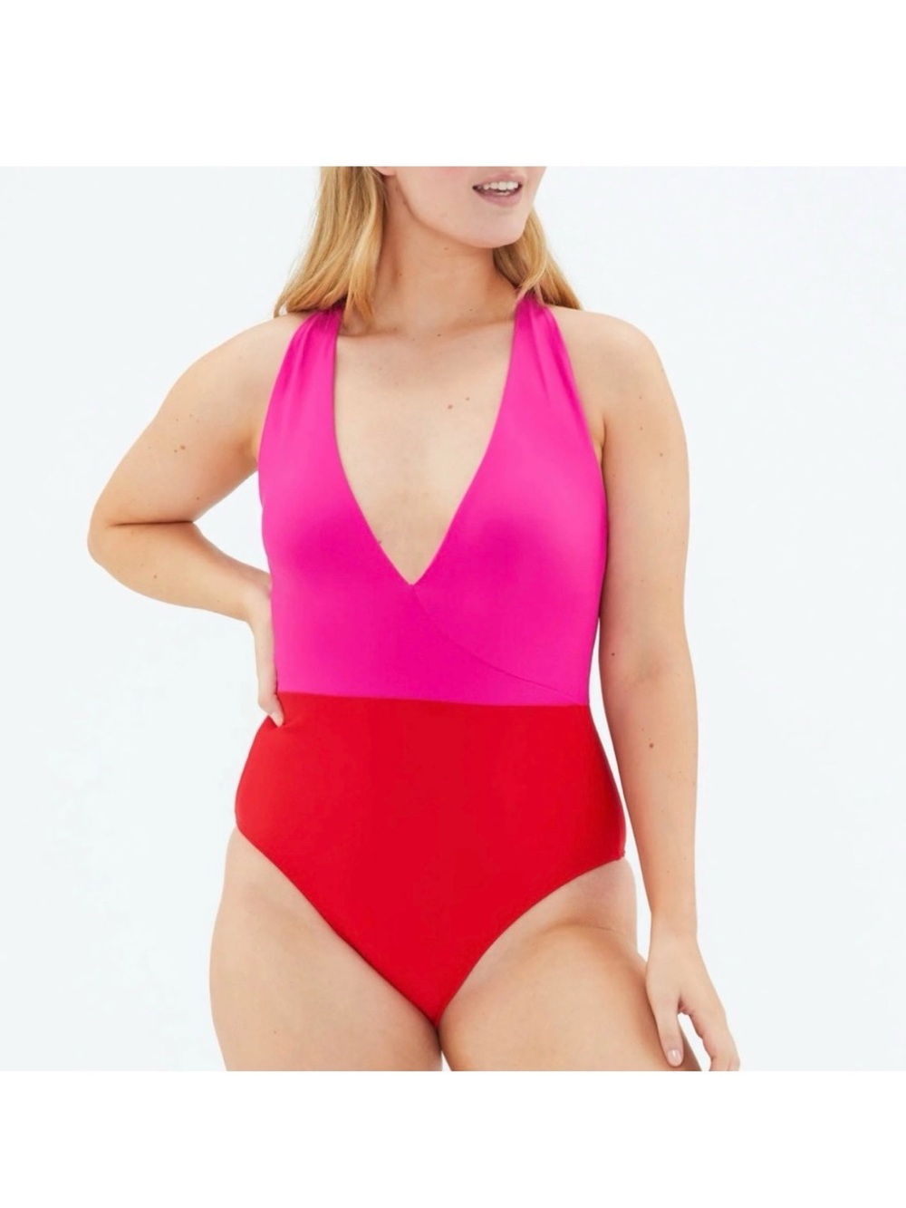 summersalt The Deep Dive Deep V One-Piece Swimsuit in Pink and Red